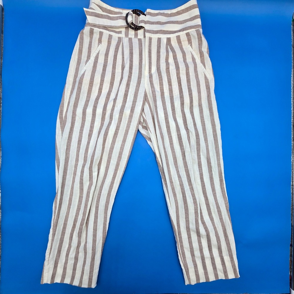Anthropologie Striped Linen Cotton Belted High Rise Tapered Pants Tan Cream Sz 2